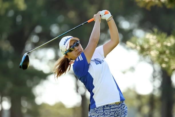 Mika Miyazato of Japan hits her tee shot on the 2nd hole during the second round of the JLPGA Championship Konica Minolta Cup at Shizu Hills Country...