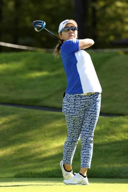 Mika Miyazato of Japan hits her tee shot on the 3rd hole during the second round of the JLPGA Championship Konica Minolta Cup at Shizu Hills Country...