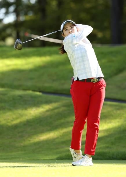 Sumika Nakasone of Japan hits her tee shot on the 3rd hole during the second round of the JLPGA Championship Konica Minolta Cup at Shizu Hills...