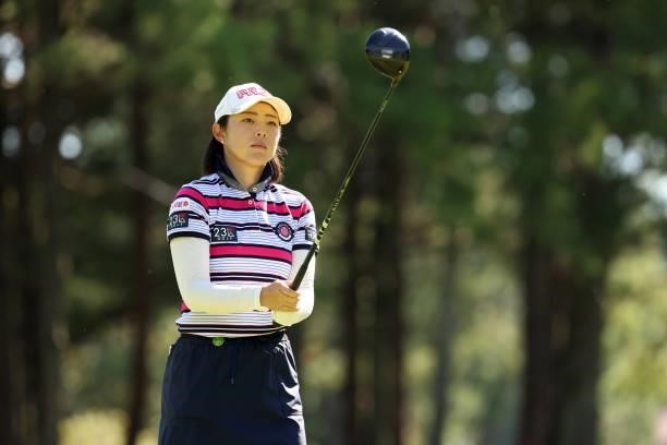 Rie Tsuji of Japan is seen before her tee shot on the 2nd hole during the second round of the JLPGA Championship Konica Minolta Cup at Shizu Hills...