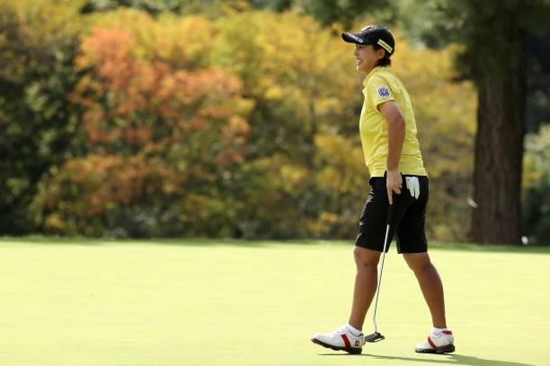 Nobuko Kizawa of Japan reacts after a putt on the 2nd green during the second round of the JLPGA Championship Konica Minolta Cup at Shizu Hills...