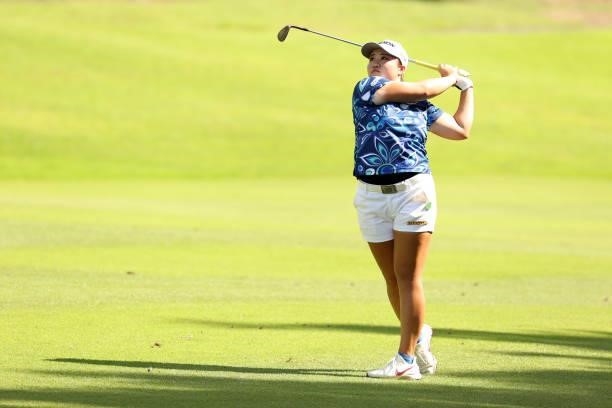 Anna Kono of Japan hits her second shot on the 2nd hole during the second round of the JLPGA Championship Konica Minolta Cup at Shizu Hills Country...