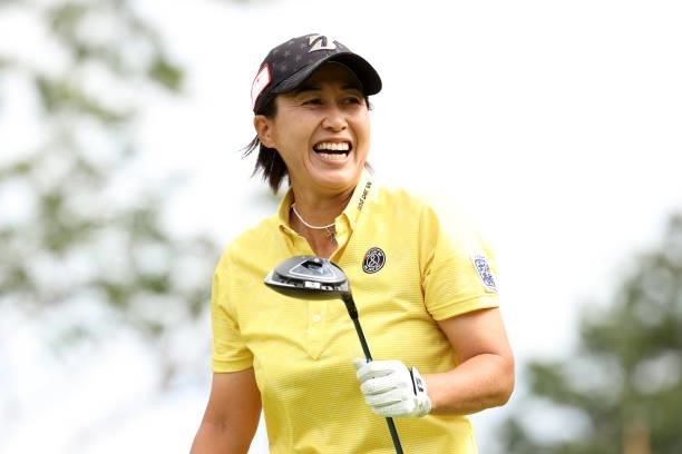 Nobuko Kizawa of Japan smiles on the 3rd hole during the second round of the JLPGA Championship Konica Minolta Cup at Shizu Hills Country Club on...