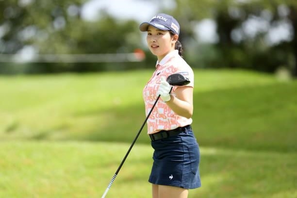 Sakura Koiwai of Japan reacts after her tee shot on the 3rd hole during the second round of the JLPGA Championship Konica Minolta Cup at Shizu Hills...