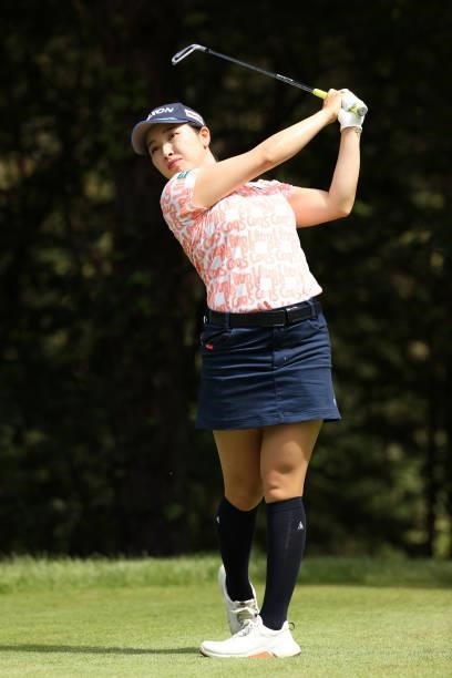 Sakura Koiwai of Japan hits her tee shot on the 4th hole during the second round of the JLPGA Championship Konica Minolta Cup at Shizu Hills Country...