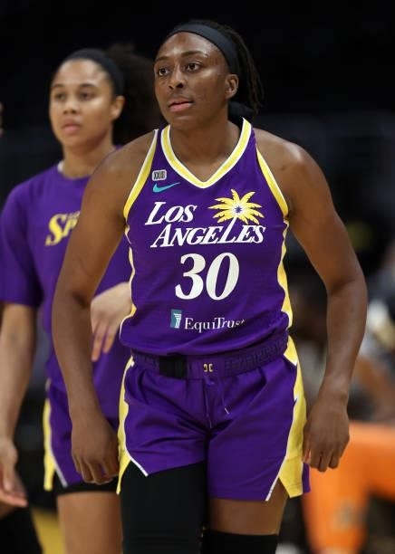 Nneka Ogwumike of the Los Angeles Sparks warms up before a game against the Connecticut Sun at Staples Center on September 09, 2021 in Los Angeles,...