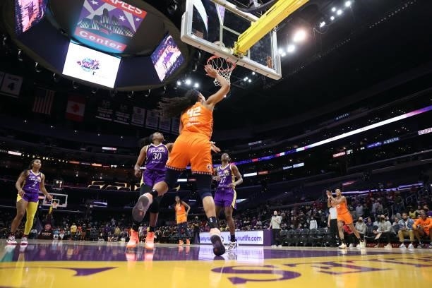 Brionna Jones of the Connecticut Sun takes a shot against the Los Angeles Sparks in the first quarter at Staples Center on September 09, 2021 in Los...
