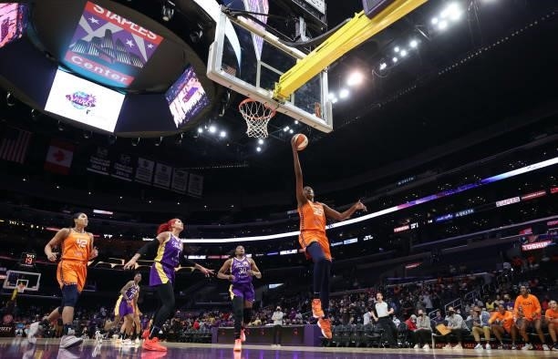 Jonquel Jones of the Connecticut Sun takes a shot against the Los Angeles Sparks in the first half at Staples Center on September 09, 2021 in Los...