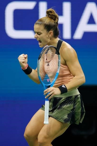 Maria Sakkari of Greece reacts to a game win in the second set against Emma Raducanu of Great Britain during their Women’s Singles semifinals match...