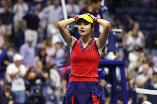 Emma Raducanu of Great Britain celebrates winning match point to defeat Maria Sakkari of Greece during their Women’s Singles semifinals match on Day...