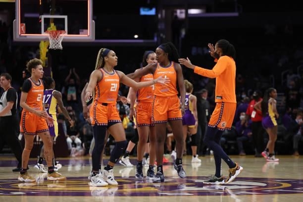 The Connecticut Sun celebrate a win against the Los Angeles Sparks at Staples Center on September 09, 2021 in Los Angeles, California. NOTE TO USER:...