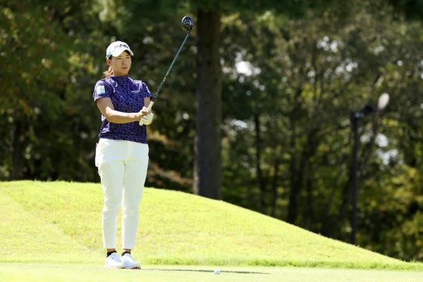 Hinako Shibuno of Japan is seen before her tee shot on the 8th hole during the second round of the JLPGA Championship Konica Minolta Cup at Shizu...