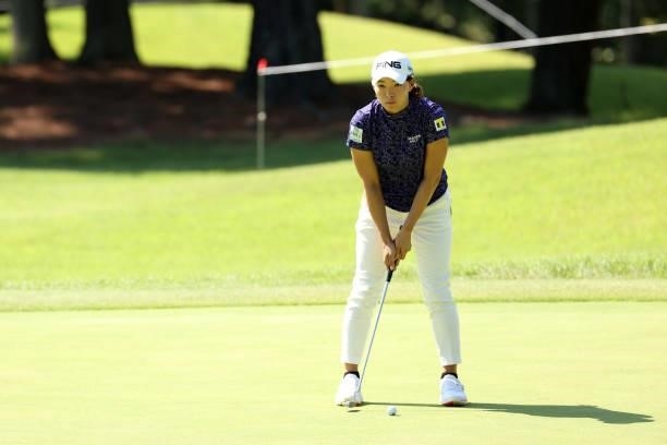 Hinako Shibuno of Japan lines up a putt on the 8th green during the second round of the JLPGA Championship Konica Minolta Cup at Shizu Hills Country...