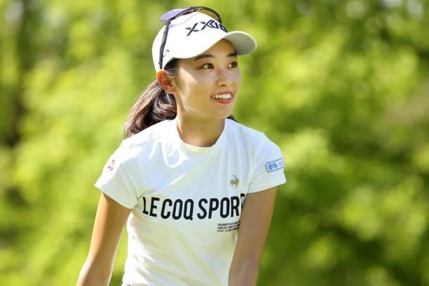 Yuka Yasuda of Japan smiles on the 8th tee during the second round of the JLPGA Championship Konica Minolta Cup at Shizu Hills Country Club on...