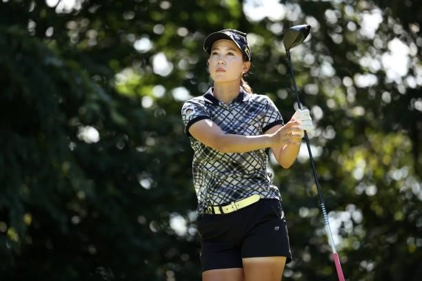 Momoko Ueda of Japan hits her tee shot on the 9th hole during the second round of the JLPGA Championship Konica Minolta Cup at Shizu Hills Country...