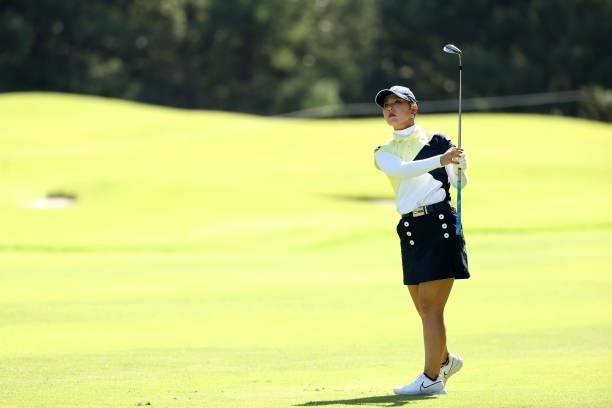 Yuri Yoshida of Japan hits her third shot on the 9th hole during the second round of the JLPGA Championship Konica Minolta Cup at Shizu Hills Country...