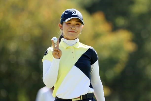 Yuri Yoshida of Japan poses on the 9th green during the second round of the JLPGA Championship Konica Minolta Cup at Shizu Hills Country Club on...