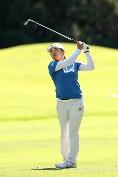 Saki Nagamine of Japan hits her third shot on the 9th hole during the second round of the JLPGA Championship Konica Minolta Cup at Shizu Hills...