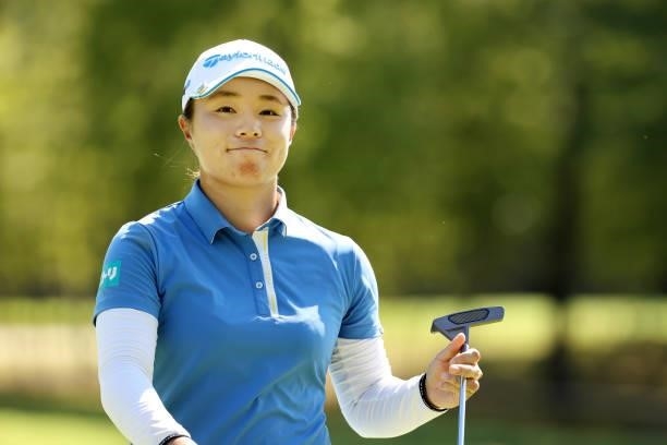Saki Nagamine of Japan smiles on the 9th green during the second round of the JLPGA Championship Konica Minolta Cup at Shizu Hills Country Club on...