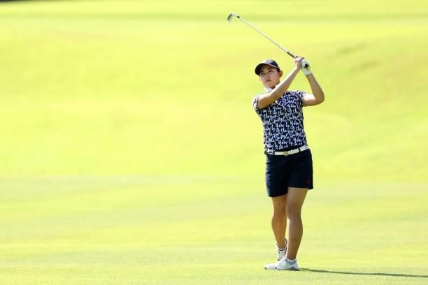 Mirai Hamasaki of Japan hits her third shot on the 6th hole during the second round of the JLPGA Championship Konica Minolta Cup at Shizu Hills...