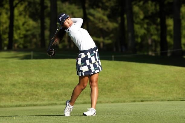 Nana Suganuma of Japan hits her tee shot on the 7th hole during the second round of the JLPGA Championship Konica Minolta Cup at Shizu Hills Country...
