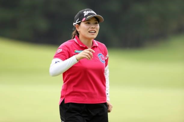 Minami Katsu of Japan reacts after holing out on the 9th green during the second round of the JLPGA Championship Konica Minolta Cup at Shizu Hills...
