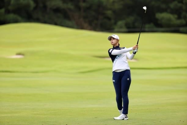 Asuka Kashiwabara of Japan hits her third shot on the 9th hole during the second round of the JLPGA Championship Konica Minolta Cup at Shizu Hills...