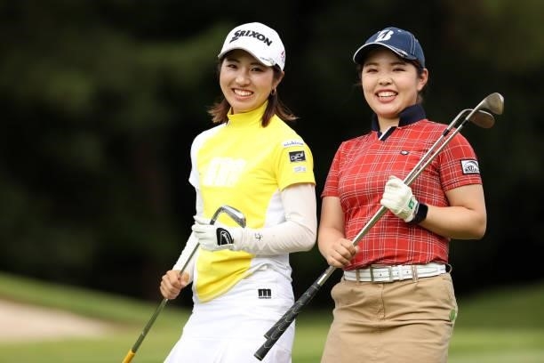 Hiromu Ono and Yu Tajima of Japan smile on the 7th hole during the second round of the JLPGA Championship Konica Minolta Cup at Shizu Hills Country...