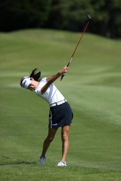 Yuka Yasuda of Japan hits her second shot on the 7th hole during the second round of the JLPGA Championship Konica Minolta Cup at Shizu Hills Country...