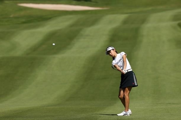 Yuka Yasuda of Japan chips onto the 7th green during the second round of the JLPGA Championship Konica Minolta Cup at Shizu Hills Country Club on...