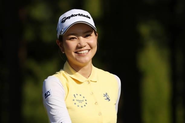 Akira Yamaji of Japan smiles on the 7th hole during the second round of the JLPGA Championship Konica Minolta Cup at Shizu Hills Country Club on...