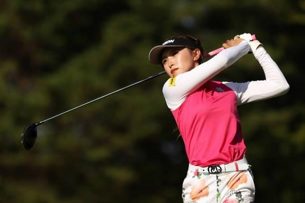 Reika Usui of Japan hits her tee shot on the 7th hole during the second round of the JLPGA Championship Konica Minolta Cup at Shizu Hills Country...
