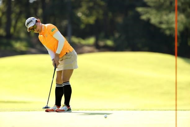 Chie Arimura of Japan attempts a putt on the 6th green during the second round of the JLPGA Championship Konica Minolta Cup at Shizu Hills Country...