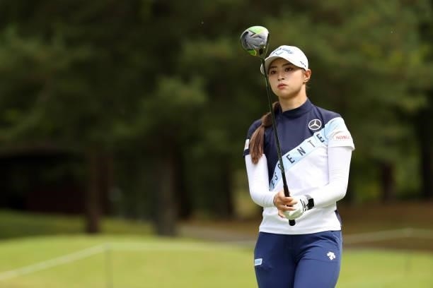 Asuka Kashiwabara of Japan is seen before her tee shot on the 7th hole during the second round of the JLPGA Championship Konica Minolta Cup at Shizu...