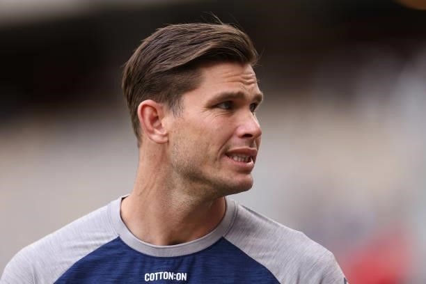 Tom Hawkins of the Cats looks on before the warm up session during the AFL First Preliminary Final match between the Melbourne Demons and Geelong...