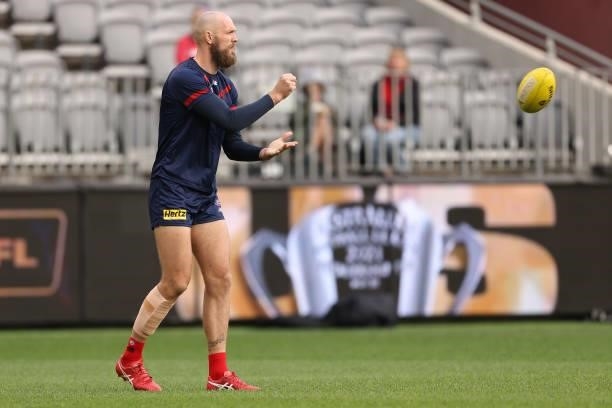 Max Gawn of the Demons warms up during the AFL First Preliminary Final match between the Melbourne Demons and Geelong Cats at Optus Stadium on...