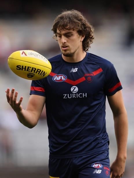 Luke Jackson of the Demons warms up prior to the AFL First Preliminary Final match between Melbourne Demons and Geelong Cats at Optus Stadium on...