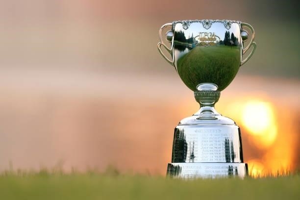 The JLPGA Championship Trophy is displayed after the second round of the JLPGA Championship Konica Minolta Cup at Shizu Hills Country Club on...