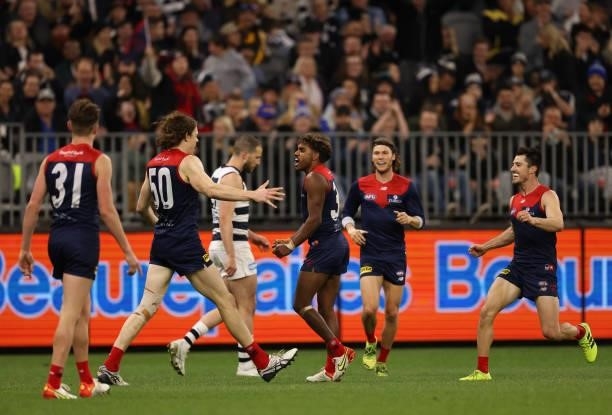 Kysaiah Pickett of the Demons celebrates after scoring a goal during the AFL First Preliminary Final match between Melbourne Demons and Geelong Cats...