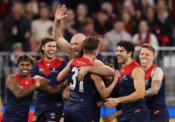 Max Gawn of the Demons celebrates after scoring a goal during the AFL First Preliminary Final match between Melbourne Demons and Geelong Cats at...