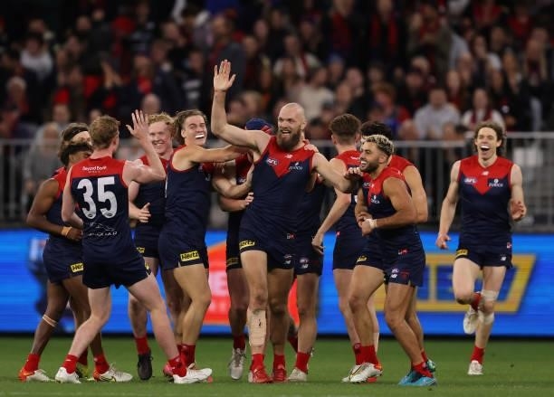 Max Gawn of the Demons celebrates after scoring a goal during the AFL First Preliminary Final match between Melbourne Demons and Geelong Cats at...
