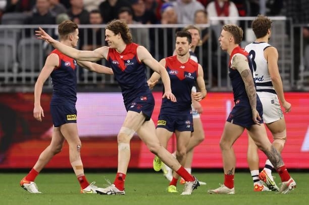 Ben Brown of the Demons celebrates after scoring a goal during the AFL First Preliminary Final match between Melbourne Demons and Geelong Cats at...