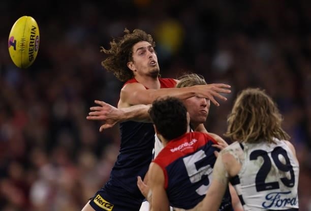Luke Jackson of the Demons and Rhys Stanley of the Cats compete for the ball during the AFL First Preliminary Final match between Melbourne Demons...
