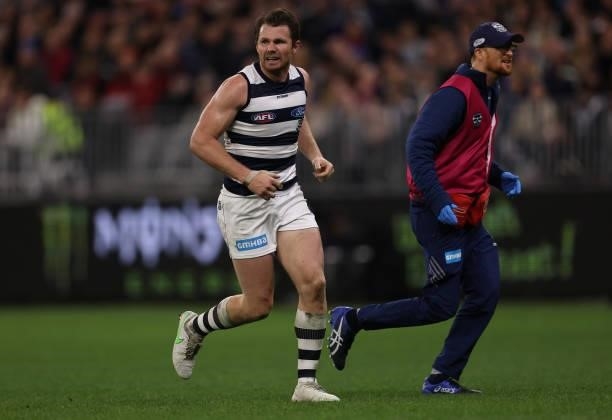 Patrick Dangerfield of the Cats reacts during the AFL First Preliminary Final match between Melbourne Demons and Geelong Cats at Optus Stadium on...