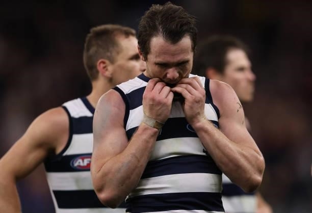 Patrick Dangerfield of the Cats is dejected after the Cates were defeated by the Demons during the AFL First Preliminary Final match between...