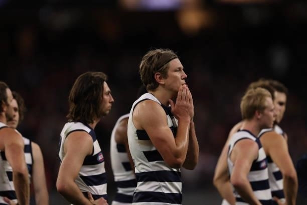 Rhys Stanley of the Cats is dejected after the Cates were defeated by the Demons during the AFL First Preliminary Final match between Melbourne...