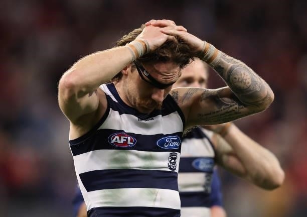 Zach Tuohy of the Cats is dejected after the Cates were defeated by the Demons during the AFL First Preliminary Final match between Melbourne Demons...