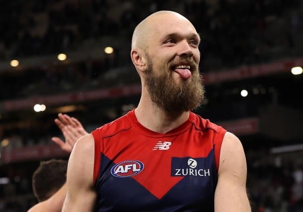 Max Gawn of the Demons celebrates after the Demons defeated the Cats during the AFL First Preliminary Final match between Melbourne Demons and...