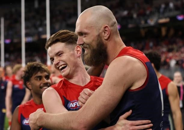 Bayley Fritsch and Max Gawn of the Demons celebrate after the Demons defeated the Cats during the AFL First Preliminary Final match between Melbourne...