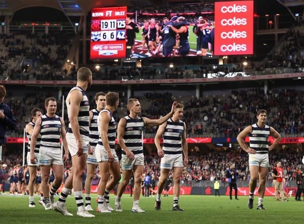 The Cats are seen after they were defeated by the Demons during the AFL First Preliminary Final match between Melbourne Demons and Geelong Cats at...
